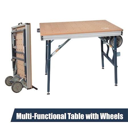 Powertec Multi-Functional Project Table with Wheels | Workbench with 3/4in Bench Dog Hole Pattern MT4012