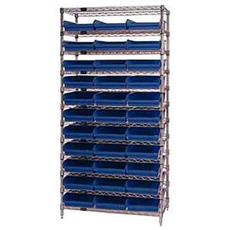 Global Industrial Chrome Wire Shelving with 33 4"H Plastic Shelf Bins Blue, 36x14x74 268971BL