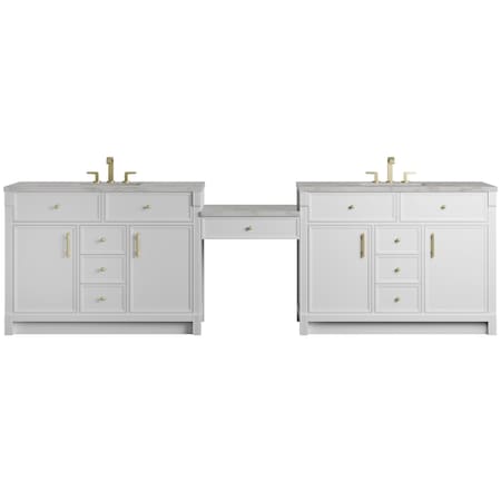 James Martin Vanities Bellshire 120" Dual Vanity Set w/24" Make-Up Counter, Bright White w/3 cm Victorian Silver Silestone 660-VMC120-BW-3VSL