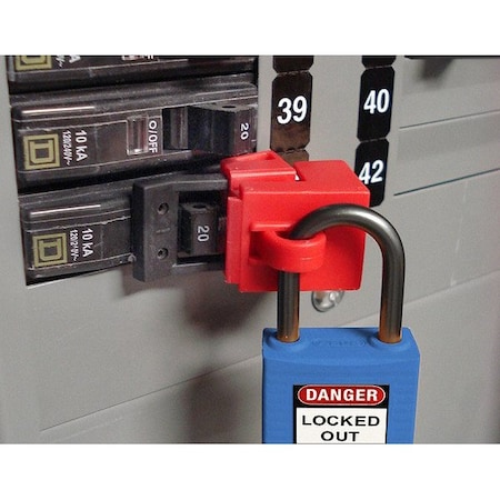 Brady Clamp-On Breaker Lockout, Single Pole, Red, 120/277V AC, Pack 6 65965