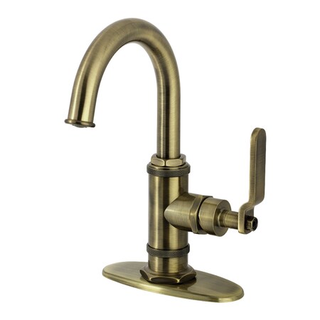 Kingston Brass One-Handle Single-Hole Bathroom Faucet with Deck Plate and Push Pop-Up Drain, Antique Brass KSD2213KL