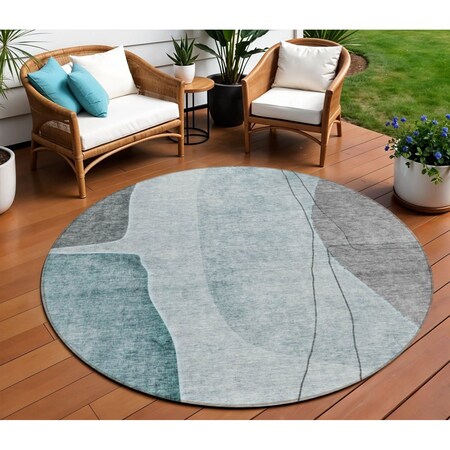 Homeroots 8' Teal Blue Aqua And Gray Round Abstract Washable Indoor Outdoor Area Rug 582034