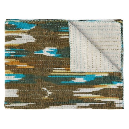 Homeroots 50" X 70" Brown And Blue Ikat Cotton Quilted Kantha Throw Blanket with Embroidery 544536