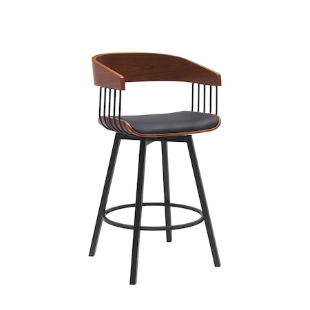 Armen Living Athena 27in Swivel Walnut Wood Counter Stool in Black Faux Leather with Black Metal LCATBAWABLK26