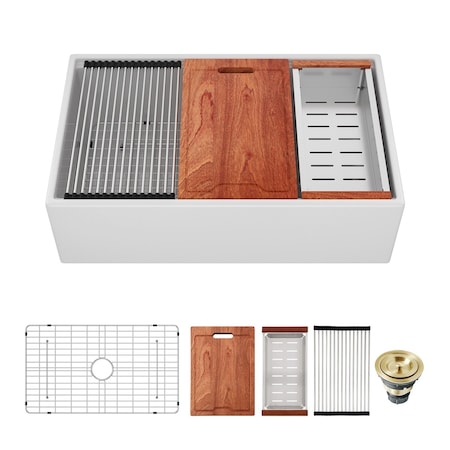 Wrightmaster 33" Apron-Front Single Bowl White Ceramic Workstation Kitchen Sink w/ Bottom Grids and Drying Rack ZOR-AWS332010JTDG