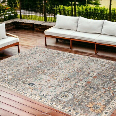 Homeroots 9' X 12' Blue and Orange Floral Stain Resistant Indoor Outdoor Area Rug 531511