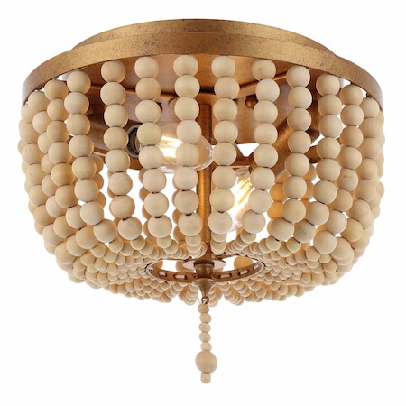 Jonathan Y Allison 10" 2-Light Shabby Chic Farmhouse Wood Beaded/Metal LED Flush Mount, Antique Gold/Cream JYL9074A