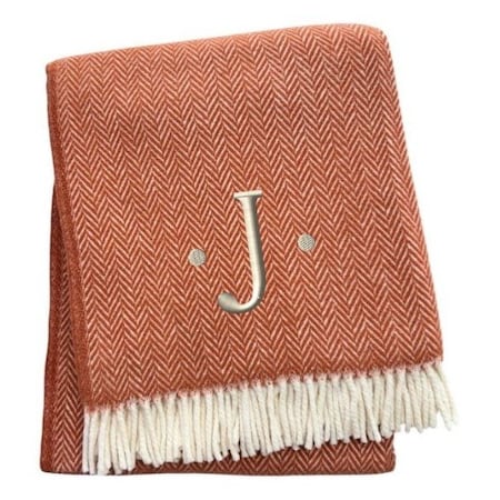 Homeroots 55" X 70" Terra Cotta White Herringbone Cotton Blend J Throw Blanket with Tassels Embroidery 680601
