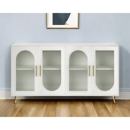 Homeroots 60" White Ribbed Texture Wood And Glass Sideboard with Four Doors 568417