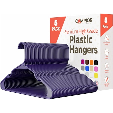 Campior Purple Plastic Hangers, Heavy-Duty Plastic Hangers Slim and Space-Saving Hangers, 5PK CMPPLH5PU