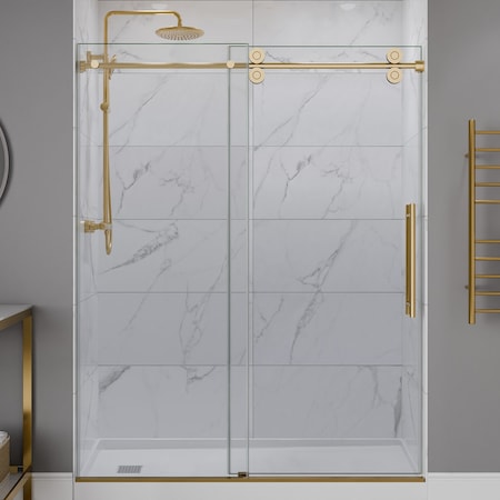 Anzzi 60in x 76in Frameless Shower Door with Sliding in Brushed Gold with Tsunami Tempered Clear Glass SD-FRLS06102BG
