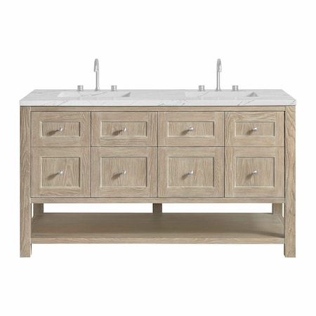 James Martin Vanities Breckenridge 60'' D Vanity, Whitewashed Oak, w/ Ethereal Noctis Quartz Top w/ Wireless Charger 330-V60D-WWO-FENC