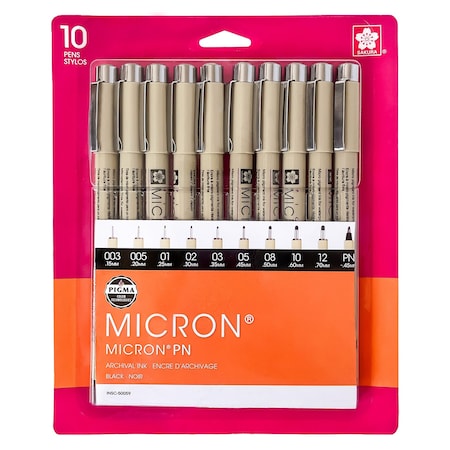 Sakura Pigma Micron Pens, Black, Assorted Sizes, 10-Piece Set, Blister Card 50059
