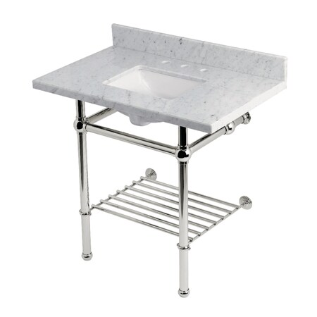 Kingston Brass 36-Inch Carrara Marble Console Sink with Brass Legs and Shelf, 8-Inch, 3-Hole KVPB36MBSQB6