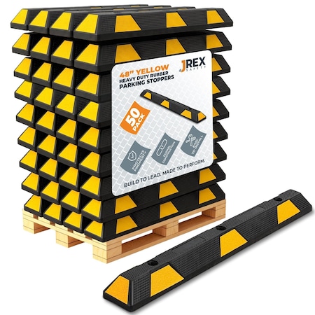 Jrex Safety 48 in Rubber Parking Block Curb Stop, Yellow Reflective Strip, Half Pallet 50 PBSY-JR-4-FP50