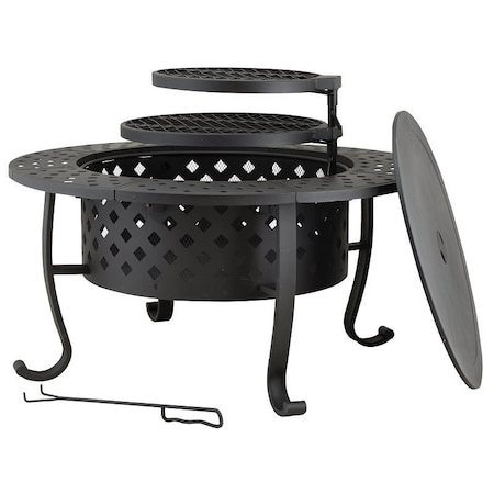 Seasonal Trends Fire Pit with Cooking Grate, 36 in OAW, 36 in OAD, 27-7/8 in OAH, Round, Wood Ignition FT-97018