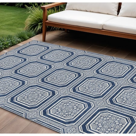 Homeroots 9' X 12' Navy Blue And Ivory Geometric Washable Indoor Outdoor Area Rug 610839