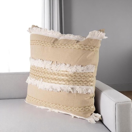 Homeroots 22" Tan And White Geometric Linen Throw Pillow Cover with Fringe 608173