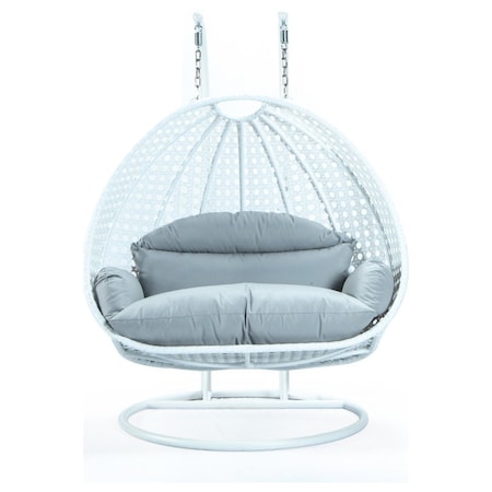 Leisuremod White Wicker Hanging 2 person Egg Swing Chair with Light Grey Cushions ESCW-57LGR