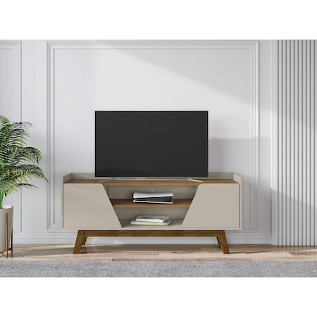 Manhattan Comfort Mid-Century Modern Marcus 53.14 TV Stand with Solid Wood Legs in Greige and Nature 259BMC10