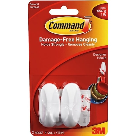 Command Designer Hook, 14 in Opening, 1 lb, 2Hook, Plastic, White 17082