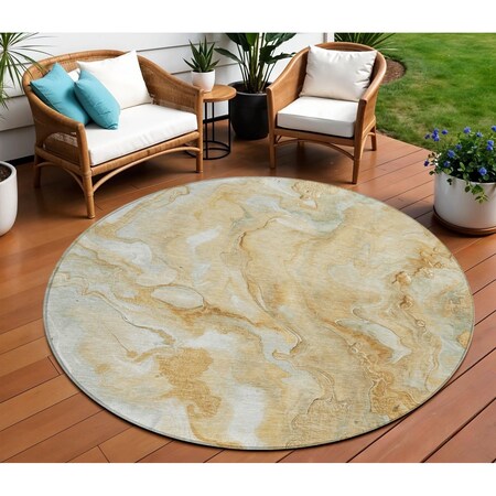 Homeroots 8' Gold And Silver Round Abstract Washable Indoor Outdoor Area Rug 618366