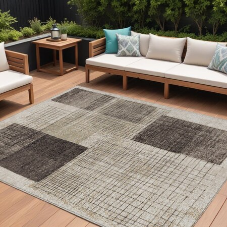 Homeroots 9' X 12' Brown And Taupe Geometric Washable Indoor Outdoor Area Rug 631931