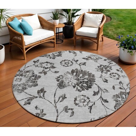 Homeroots 8' Gray Charcoal And Silver Round Floral Washable Indoor Outdoor Area Rug 589472