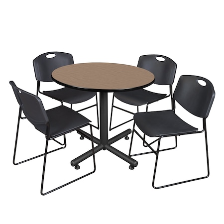 Regency Round Kobe Breakroom Table W/ 4 Zeng Stack Chairs, 42 in W, 42 in L, Noble Oak TKB42RNDNO44BK