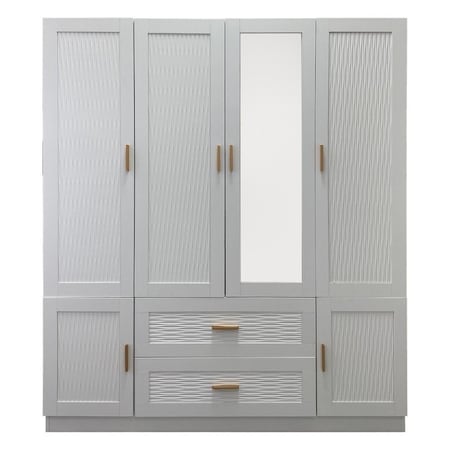 Homeroots 75" White Ribbed Texture Wood Mirrored Six Door Two Drawer Combo Dresser 617962