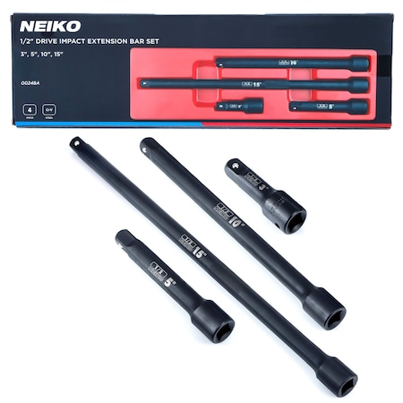 Neiko 0.5 in Drive Impact Extension-Bar Set, 1/2 Impact Extension Set Includes 3 in, 5 in, 10 in, 15 in 00248A