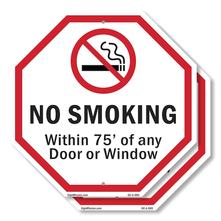 Signmission No Smoking Within 75' Of Any Door o, 18 inch X 18 inch, Plastic Sign, 2PK OC-P-2PACK-18-89