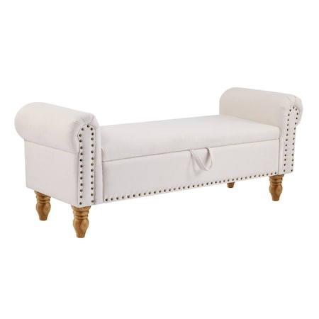 Homeroots 55in Beige and Brown Linen and Solid Wood Upholstered Storage Bench With Flip Top 724169