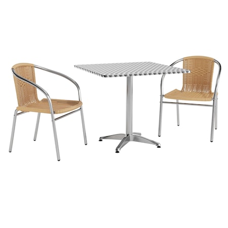 Flash Furniture Square Table Set, Aluminum, Plastic, Rattan, Stainless Steel, Grey TLH-ALUM-32SQ-020BGECHR2-GG