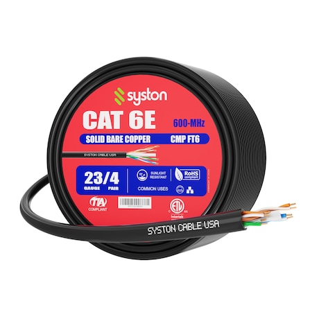 Syston Cable Technology Cat 6e Ethernet Data Cable Bulk, 100ft Black, 600MHz 23AWG Solid Copper, CMP Plenum-Rated for PoE BULK1259-100BK