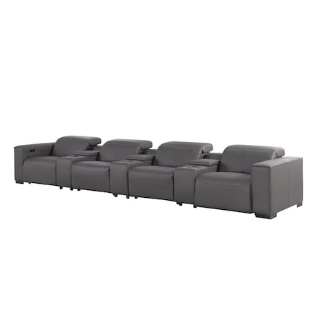 Homeroots 179" Dark Gray Top Grain Leather Reclining Metal USB Sofa 720320