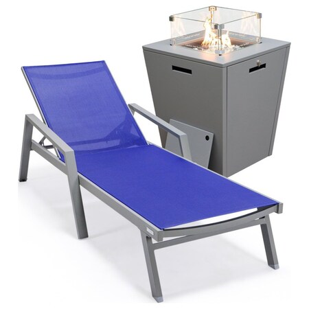 Leisuremod Marlin Grey Aluminum Patio Chaise Lounge Chair With Arms & Square Fire Pit Table, Navy Blue MLAGRCF21-77NBU