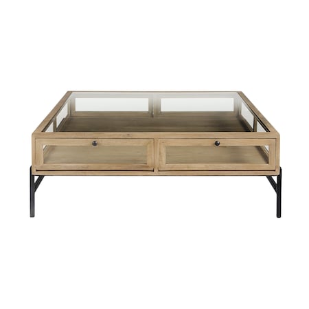 Homeroots 42" Clear and Black Glass and Metal Square Coffee Table With Two Drawers And Shelf 393165