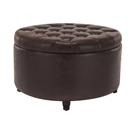 Niche Knight 28 in Large Round Pintucked Storage Ottoman with Lift off lid - Brown Faux Leather N6270TF