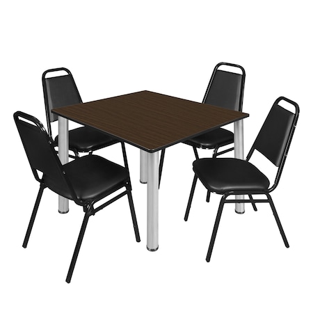 Regency Square Kee Breakroom Table W/ 4 Restaurant Stack Chairs, 48 in W, 48 in L, Neo Walnut TB4848NWBPCM29BK