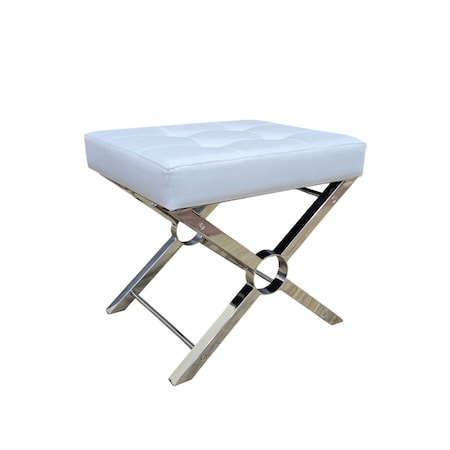 Homeroots 20in White and Silver Tufted Faux Leather and Metal Upholstered Bench 733246