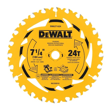 Dewalt Circular Saw Blade, 7.25 in dia., PK3 DWA271424PK3
