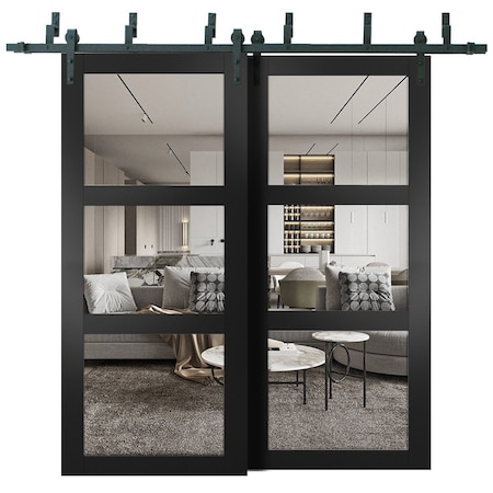 Sartodoors Sliding Closet Barn Bypass Doors, Lucia 2555 Matte Black with Clear Glass, Sturdy 6.6ft Rails Hard LUCIA2555BBB-BLK-6484