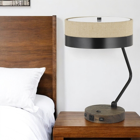Homeroots 20" Black And Brown Wood And Metal Two Light USB Table Lamp With Beige And Black Shade 524698