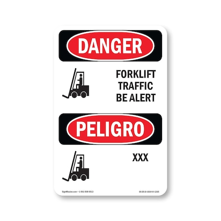 Signmission Safety Sign, OSHA Danger, 14" Height, Forklift Traffic Be Alert Bilingual, D-1014-VI-1265 OS-DS-D-1014-VI-1265