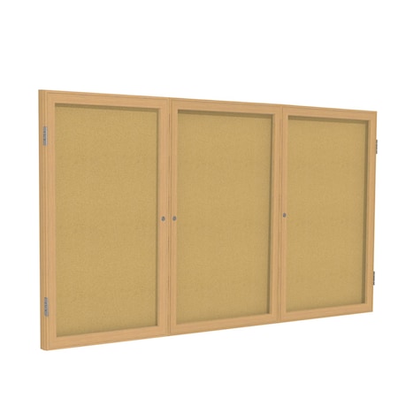 Ghent 3 Door Enclosed Natural Cork Bulletin Board, Oak Wood Frame, 3'H x 6'W PW33672K