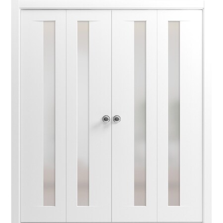 Sartodoors Sliding Closet Double Bi-fold Doors, Planum 0660 Painted White with Frosted Glass, Sturdy Tracks Mo PLANUM0660DBF-BEM-96 x 84 (4* 24x84)