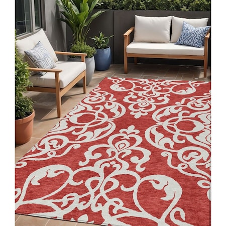 Homeroots 5' X 8' Red And Ivory Damask Washable Indoor Outdoor Area Rug 614456