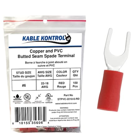 Kable Kontrol Copper and PVC Butted Seam Spade Terminal, 22-18 AWG, Stud Size # 6, Red, 100 Pcs, 100PK STPVC-2218-6-RD