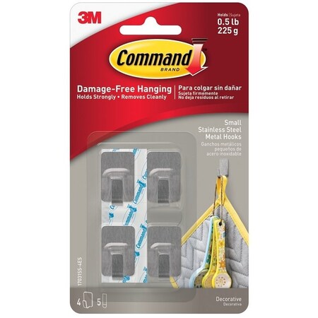 Command Small Hook, 0.5 lb, 4-Hook, Metal, Gray, Stainless Steel 17031SS-4ES
